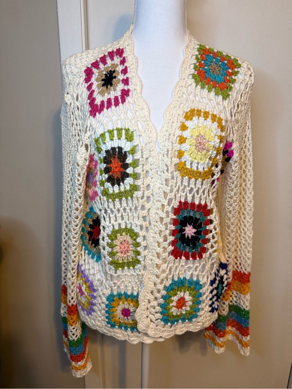 Boho Granny Square Open Knit Cardigan Cream Multicolor Rainbow Sleeves Sz M - Picture 2 of 5
